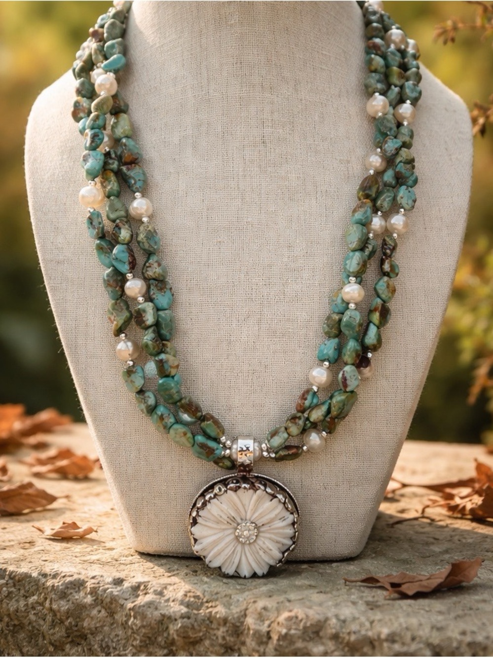 Triple Strand Turquoise Pearl Sterling Silver Tibetan Bone Pendant Necklace 22”